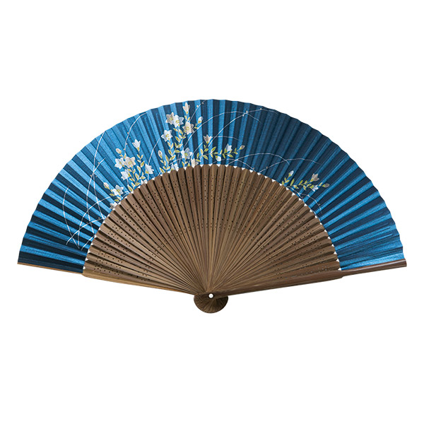 婦人用扇子 上唐木中彫 紺パール地 桔梗（香り付）