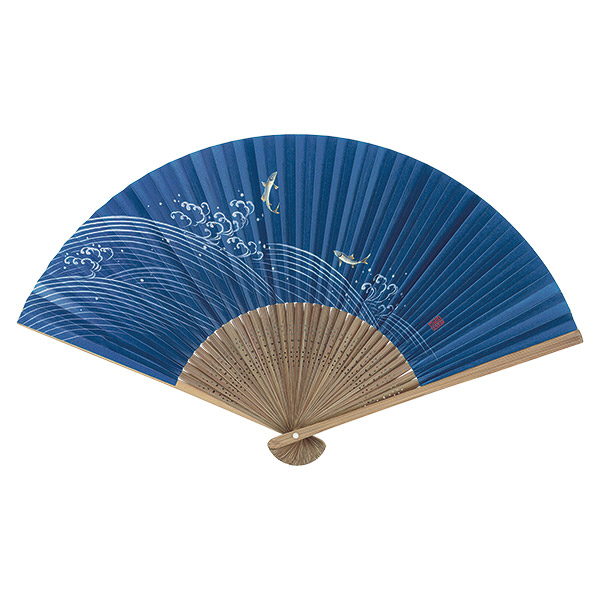 紳士用紙扇子 唐木中彫 紺地 二鮎（香り付）