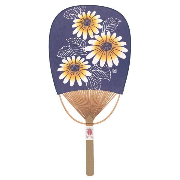 竹うちわ 小判型 藍染 ひまわり